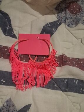Neon Pink Fringe Hoop Earrings